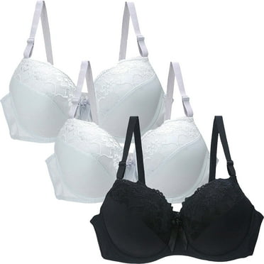 WREESH 3 Pack Women's Push Up Bra with Lace Embroidery Comfort Padded Add 1 Cup Plunge Underwirelift Supportive Bra Black