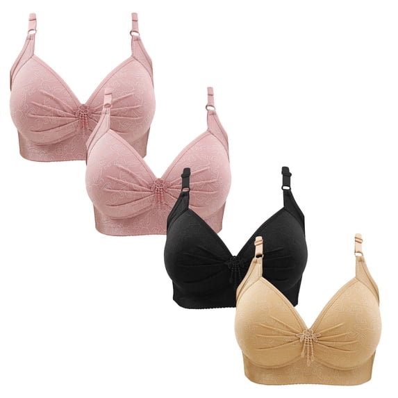 WREESH 4 Pack Push-Up Bra Women Lace Flower Gathered Together Large Size Daily Bra Underwear No Underwire Bras Underwear Pink