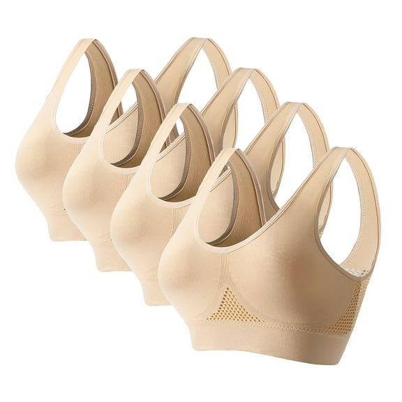 WREESH 4 Pack Seamless Sports Bras for Women High Impact Wirefree Yoga Bra Padded Breathable Cool Bras Scoop Support Bras Beige