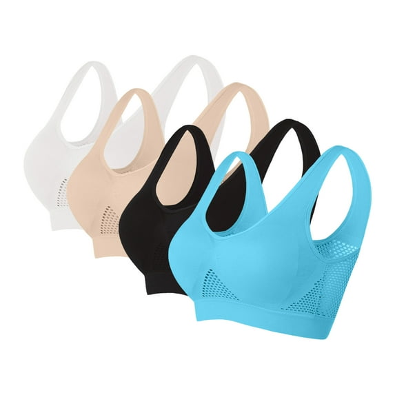 WREESH 4 Pack Seamless Sports Bras for Women High Impact Wirefree Yoga Bra Padded Breathable Cool Bras Support Scoop Bras White