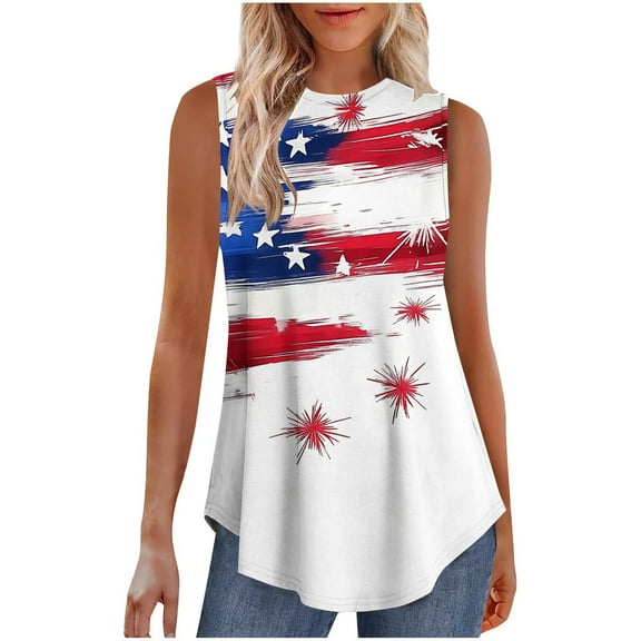 WREESH 4th of July Shirts Women Sleeveless American Flag Graphic Tees Star Striped Independence Day Patriotic Shirts Tunic Tank Tops