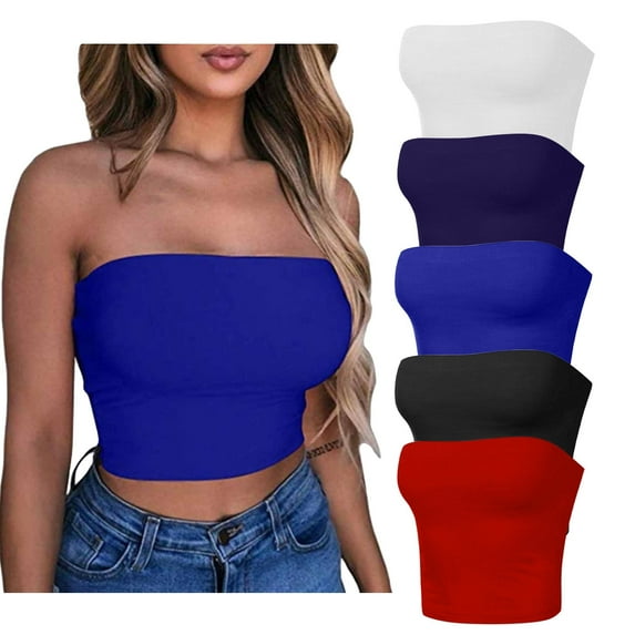 WREESH 5PC Womens Tube Top Solid Color Sports Summer Fashion Casual Tube Tops