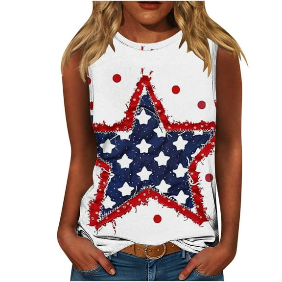 WREESH American Flag Tank Tops Women Patriotic Shirts USA Flag Star Striped Print Sleeveless T-Shirt 4th of July Tee Tops