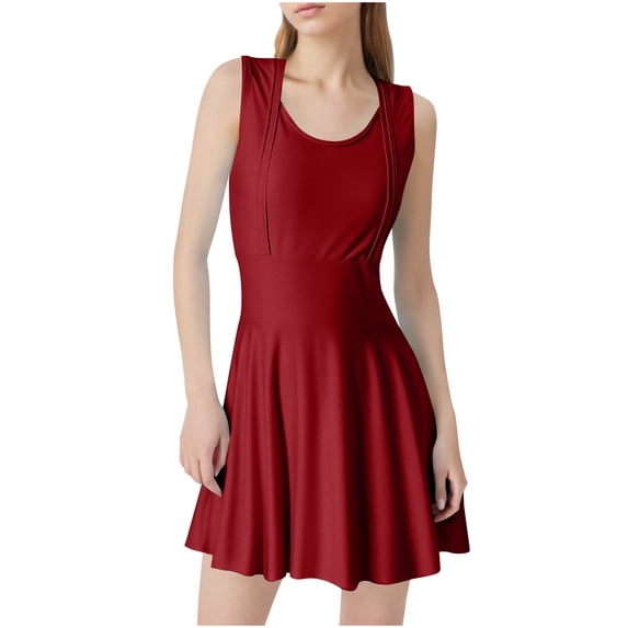 WREESH Athletic Swim Dress with Built-In Shorts & Bra - Women's Tummy Control Swimsuit for Tennis, Quick-Dry Workout Swimwear Wine