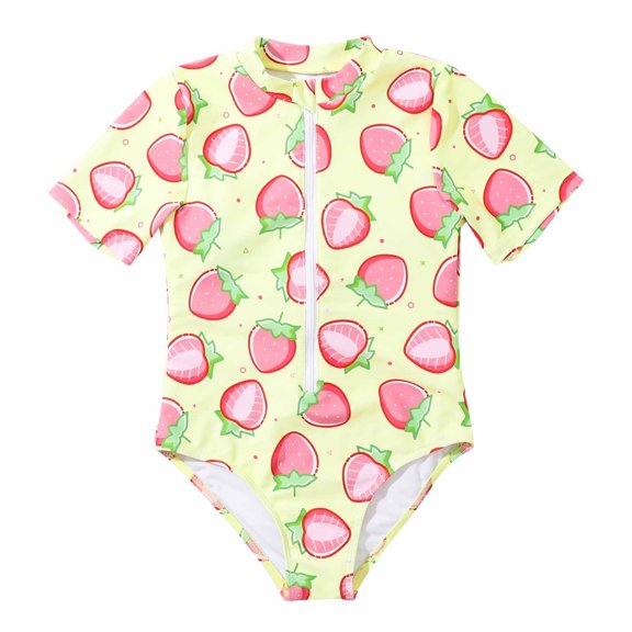 WREESH Baby Girls One Piece Swimsuit Short Sleeve Rash Guard Swimsuits Children's Strawberry Print Swimwear Zipper Surfing Swimsuit Beach Bathing Suit Yellow