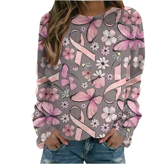 WREESH Breast Cancer Awareness Sweatshirt For Women Pink Ribbon Print Pullover Fall Loose Long Sleeve Crewneck Tee Tops Soft Lightweight Cute Sweatshirt Pink F