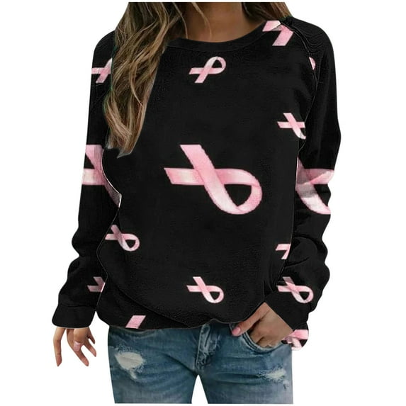 WREESH Breast Cancer Awareness Sweatshirt For Women Pink Ribbon Print Sweatshirts Casual Long Sleeve Crewneck Pullover Comfy Loose Lightweight Tee Tops Black