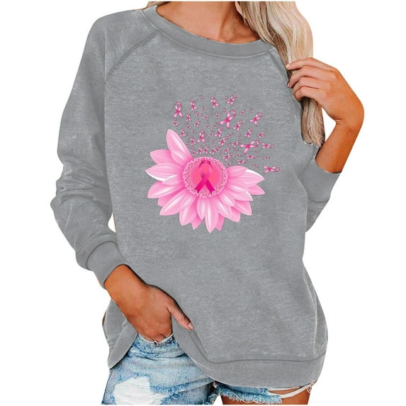 WREESH Breast Cancer Awareness Sweatshirt Women Pink Ribbon Long Sleeve Crewneck Sweatshirts Fall Casual Loose Comfy Rib Pullover Trendy Graphic Tee Tops Gray F