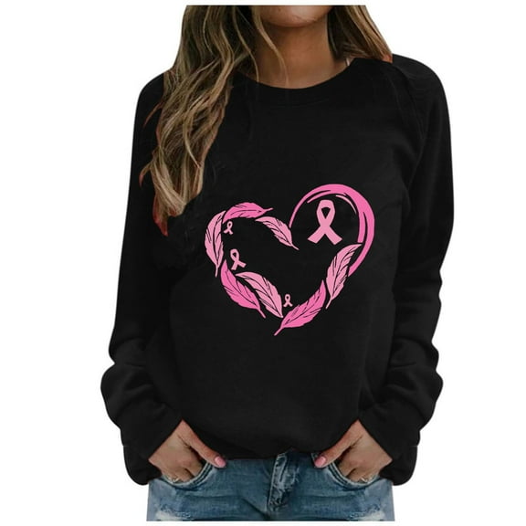 WREESH Breast Cancer Awareness Sweatshirt Women's Lightweight Pink Ribbon Heart Graphic Long Sleeve Tops Black