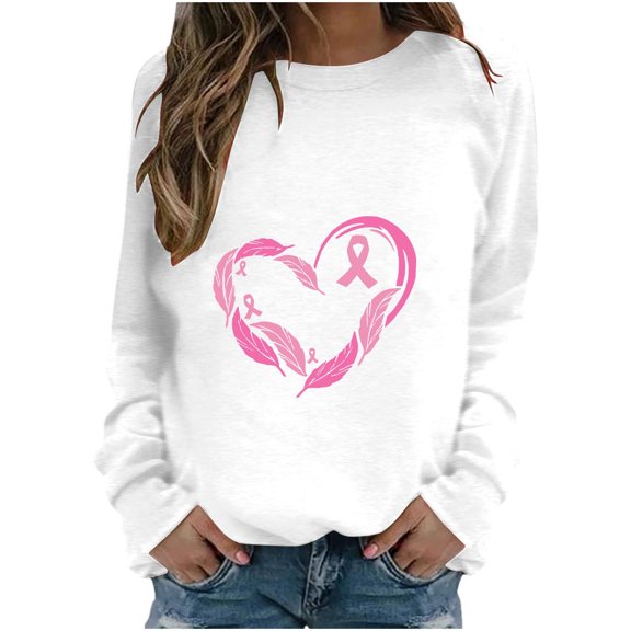 WREESH Breast Cancer Awareness Sweatshirt Women's Lightweight Pink Ribbon Heart Graphic Long Sleeve Tops White