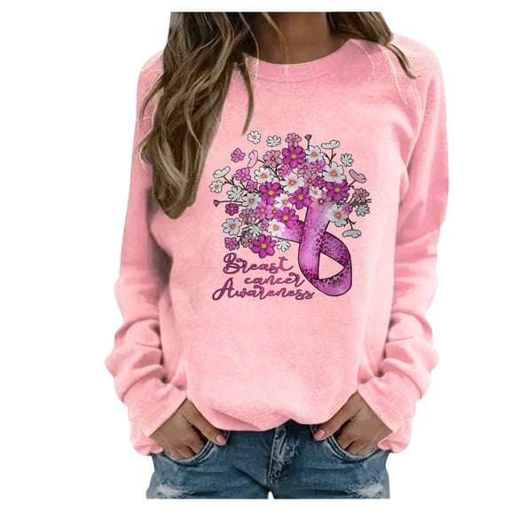 WREESH Breast Cancer Awareness Sweatshirt for Women Long Sleeve Shirts Floral Graphic Crewneck Casual Top Pink