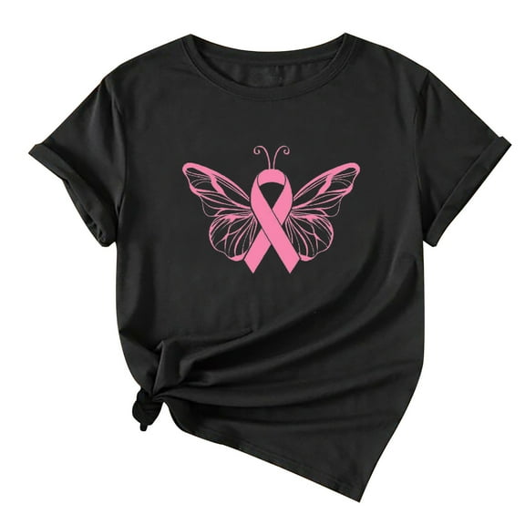 WREESH Breast Cancer Awareness T-Shirts For Women Trendy Pink Ribbon Butterfly Tops Basic Short Sleeve Round Neck Tees Casual Loose Fit Blouses Black