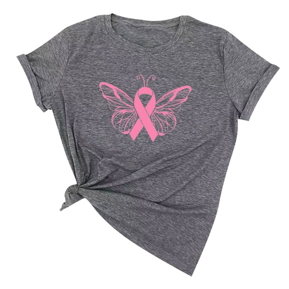 WREESH Breast Cancer Awareness T-Shirts For Women Trendy Pink Ribbon Butterfly Tops Basic Short Sleeve Round Neck Tees Casual Loose Fit Blouses Gray