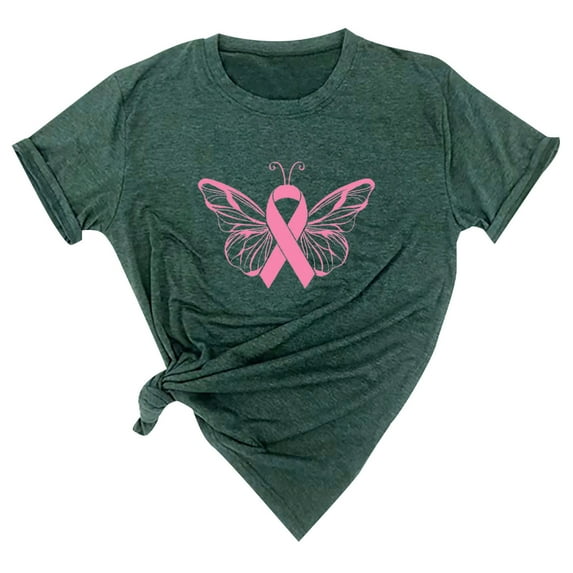WREESH Breast Cancer Awareness T-Shirts For Women Trendy Pink Ribbon Butterfly Tops Basic Short Sleeve Round Neck Tees Casual Loose Fit Blouses Green