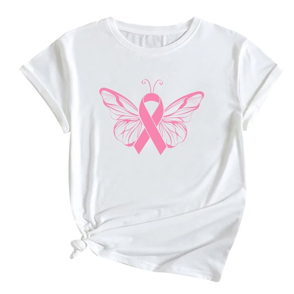 WREESH Breast Cancer Awareness T-Shirts For Women Trendy Pink Ribbon Butterfly Tops Basic Short Sleeve Round Neck Tees Casual Loose Fit Blouses White