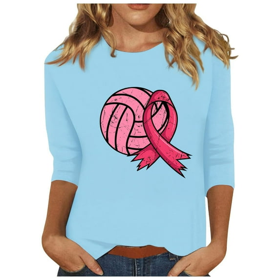 WREESH Breast Cancer Awareness T-Shirts For Women Casual Crewneck Three Quarters Sleeve Shirts Pink Ribbon Graphic Tees Summer Tops Trendy Solid Loose Fit Tshirt Sky Blue A