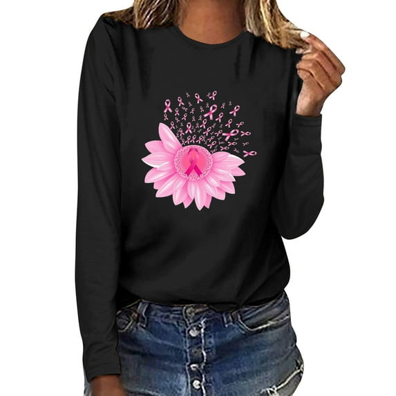 WREESH Breast Cancer Awareness T-Shirts For Women Casual Pink Ribbon Graphic Tees Basic Long Sleeve Crewneck Pullover Fall Trendy Loose Fit Tops Black B
