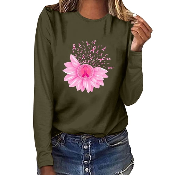 WREESH Breast Cancer Awareness T-Shirts For Women Casual Pink Ribbon Graphic Tees Basic Long Sleeve Crewneck Pullover Fall Trendy Loose Fit Tops Olive Green B