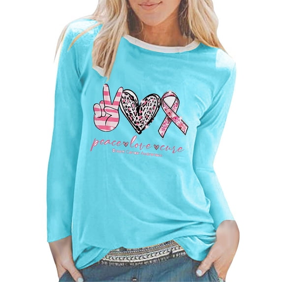 WREESH Breast Cancer Awareness T-Shirts Women Letter Love Printed T-Shirts Casual Basic Long Sleeve Round Neck Pullover Comf Workout Tops Sky Blue B
