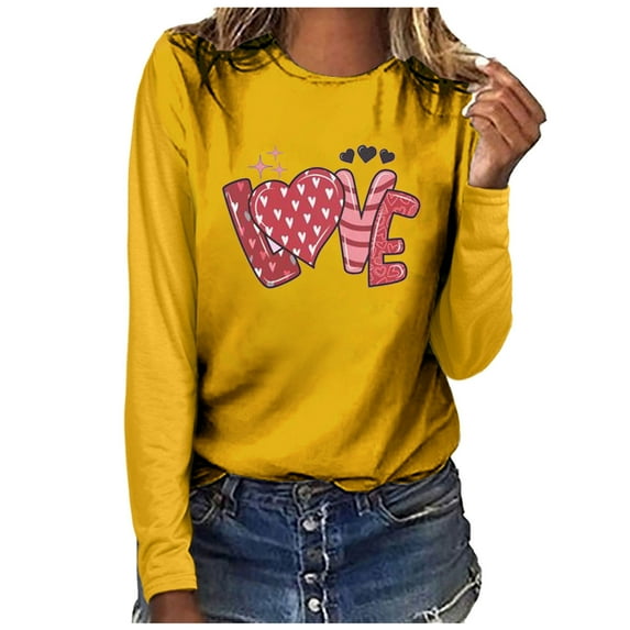 WREESH Breast Cancer Awareness T-Shirts Women Letter Love Printed T-Shirts Casual Basic Long Sleeve Round Neck Pullover Comf Workout Tops Yellow A