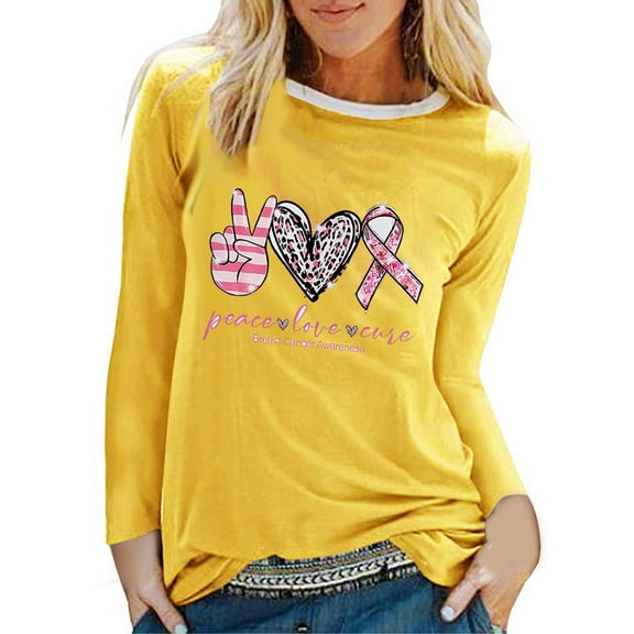 WREESH Breast Cancer Awareness T-Shirts Women Letter Love Printed T-Shirts Casual Basic Long Sleeve Round Neck Pullover Comf Workout Tops Yellow B