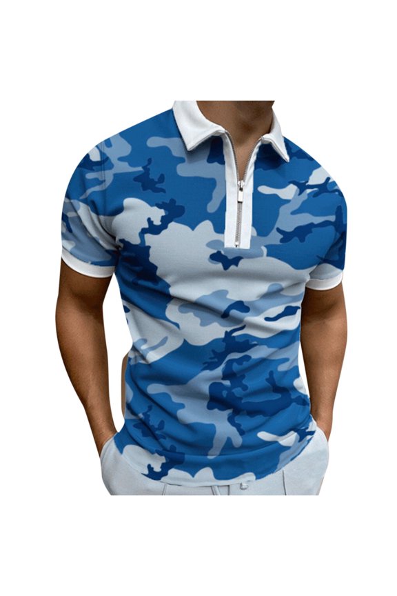 Camouflage Henley for Men Turndown Collar Quarter Zip Athleisure Short Sleeve Shirt Blue