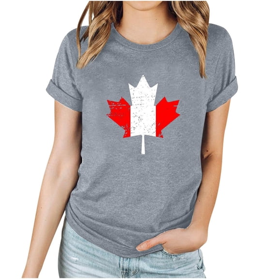 WREESH Canada Day Maple Leaf Print T-Shirt Women's Casual Round Neck Short Sleeve Blouse Gray