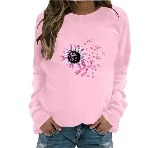 WREESH Cancer Awareness Graphic Shirts for Women Sweatshirt Pink Ribbon Long Sleeve Casual Top Pink