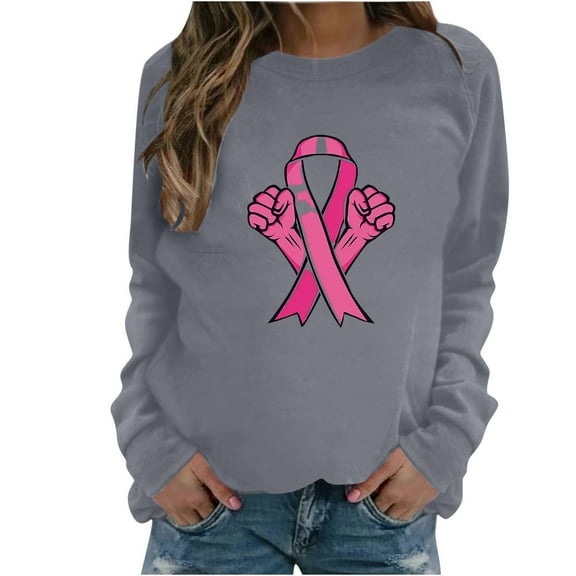 WREESH Cancer Awareness Pullover - Women's Hand Pink Ribbon Graphic Long Sleeve Sweatshirt Gray