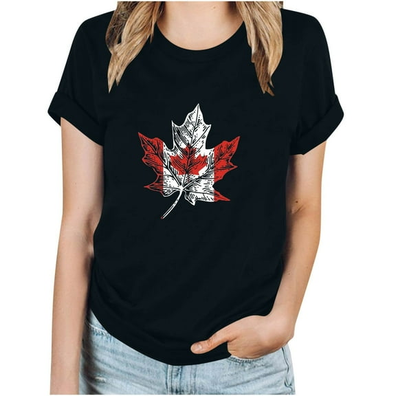 WREESH Casual Crew Neck T-Shirt Women's Canada Day Maple Leaf Print Summer Blouse Black