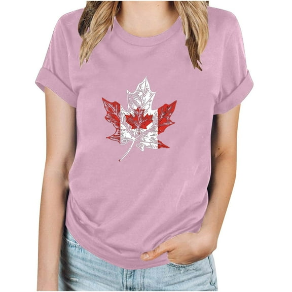 WREESH Casual Crew Neck T-Shirt Women's Canada Day Maple Leaf Print Summer Blouse Pink