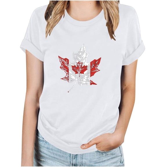 WREESH Casual Crew Neck T-Shirt Women's Canada Day Maple Leaf Print Summer Blouse White