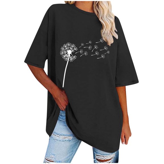 WREESH Casual Graphic Crew Neck T-Shirts Women's Loose Short Sleeve Oversized Tops Black