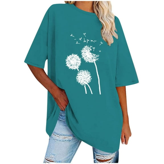 WREESH Casual Graphic Crew Neck T-Shirts Women's Oversized Loose Short Sleeve Tops Blue