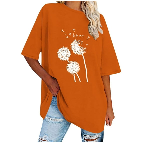 WREESH Casual Graphic Crew Neck T-Shirts Women's Oversized Loose Short Sleeve Tops Orange