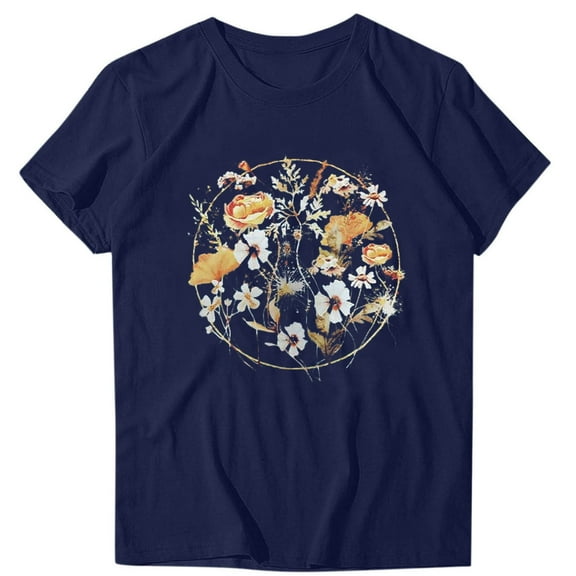 WREESH Casual Graphic Print T-Shirts Women's Short Sleeve Round Neck Summer Tops Navy