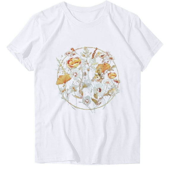 WREESH Casual Graphic Print T-Shirts Women's Short Sleeve Round Neck Summer Tops White