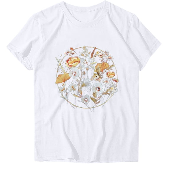 WREESH Casual Graphic Print T-Shirts Women's Short Sleeve Round Neck Summer Tops White