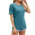 thumbnail image 1 of WREESH Casual Puff Sleeve T-Shirt Women's Loose Solid Color Round Neck Summer Out Blouse Light Blue, 1 of 5