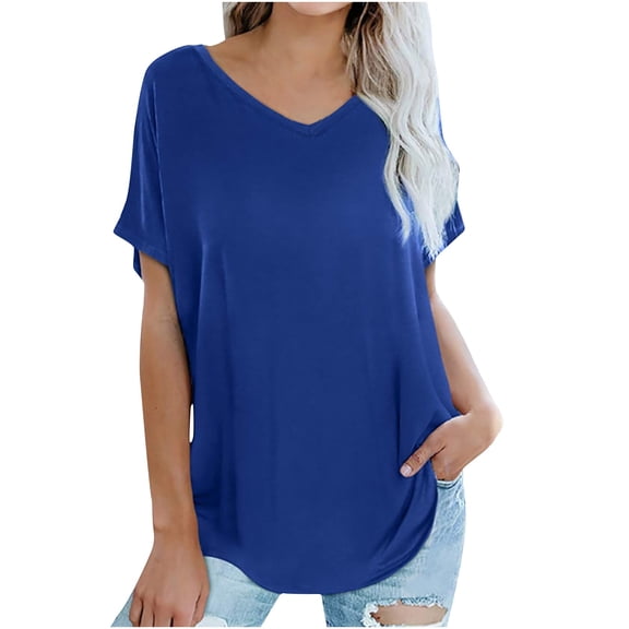 WREESH Casual Solid Color T-Shirts Women's Short Sleeve Loose V-Neck Blouses Blue