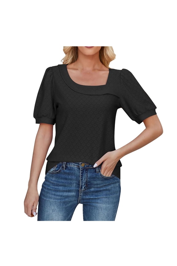 Casual Square Neck Tunic Tops Women's Solid Color Puff Sleeve Summer Blouses Black