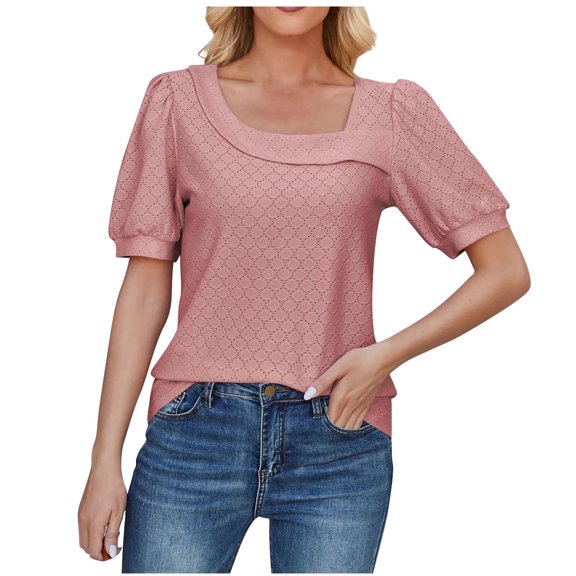WREESH Casual Square Neck Tunic Tops Women's Solid Color Puff Sleeve Summer Blouses Hot Pink