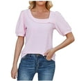 thumbnail image 1 of WREESH Casual Square Neck Tunic Tops Women's Solid Color Puff Sleeve Summer Blouses Pink, 1 of 4