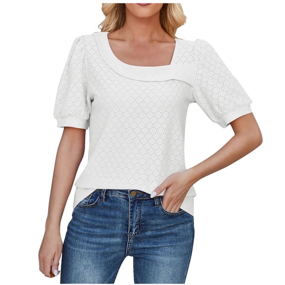 WREESH Casual Square Neck Tunic Tops Women's Solid Color Puff Sleeve Summer Blouses White
