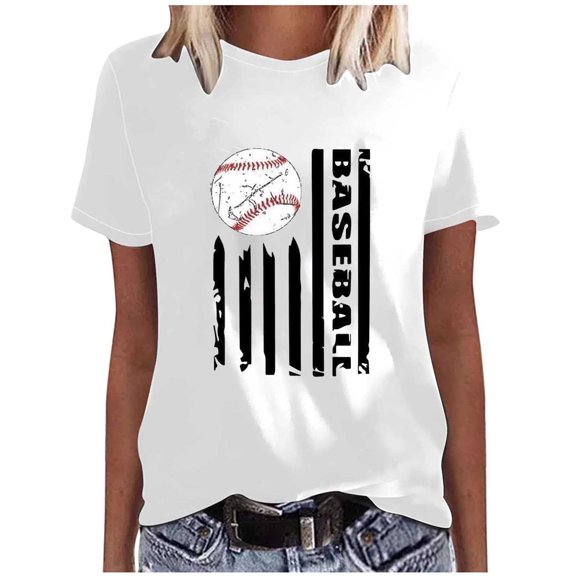 WREESH Casual Summer Blouses for Women Round Neck Short Sleeve Fashion Print T-Shirts White