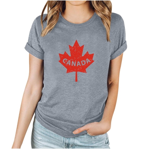 WREESH Casual Summer Fashion Women's Canada Day Maple Leaf Print Short Sleeve T-Shirt Gray