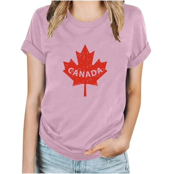 WREESH Casual Summer Fashion Women's Canada Day Maple Leaf Print Short Sleeve T-Shirt Pink