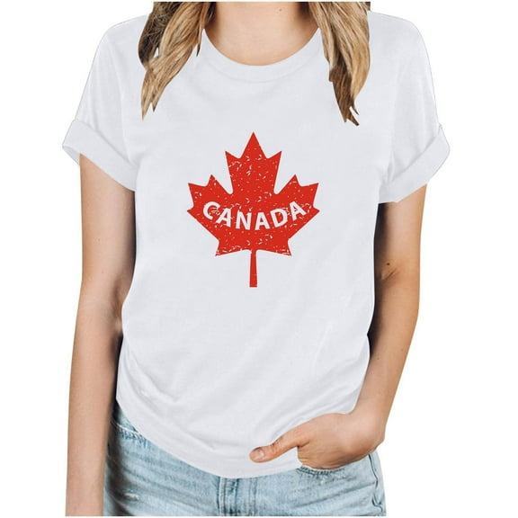 WREESH Casual Summer Fashion Women's Canada Day Maple Leaf Print Short Sleeve T-Shirt White