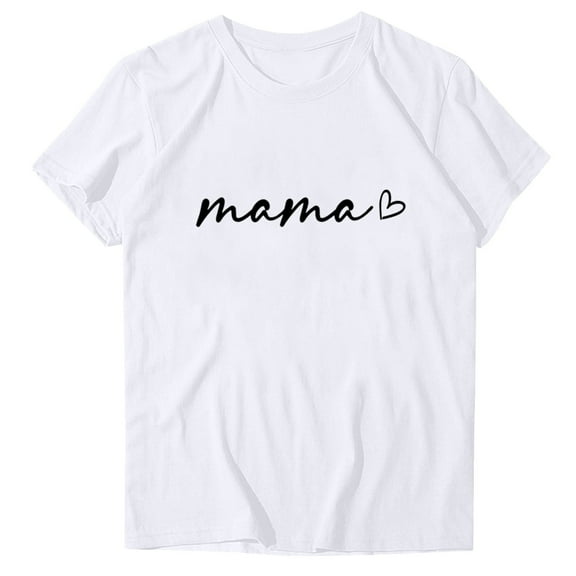 WREESH Casual Summer Mama Top Women's Round Neck Short Sleeve Graphic T-Shirt White
