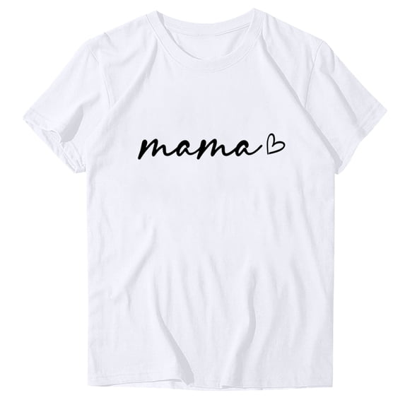 WREESH Casual Summer Mama Top Women's Round Neck Short Sleeve Graphic T-Shirt White